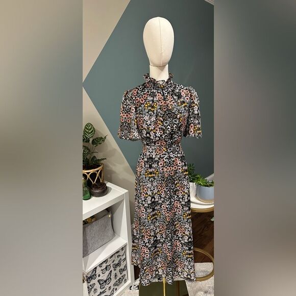 JULIA JORDAN Ruffle Mock Neck Floral Midi Dress, Short Flutter Sleeve, Size 6 - Picture 2 of 16